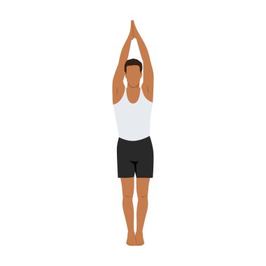 Urdhva namaskarasana yoga pozu veren adam. Upavishtha Konasana egzersiziyle beraberiz. Düz vektör çizimi beyaz arkaplanda izole edildi
