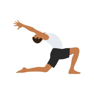 Crescent Lunge pozu veren adam ya da Anjaneyasana egzersizi yapan. Düz vektör çizimi beyaz arkaplanda izole edildi