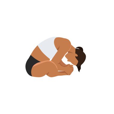 Bound Angle Bend Pozu yapan bir kadın, Güzel kız Baddha Konasana antrenmanı yapıyor. Düz vektör çizimi beyaz arkaplanda izole edildi
