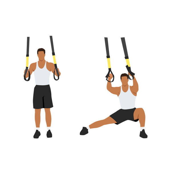 Man doing TRX Suspension straps side step. Lateral lunges exercise. Flat vector illustration isolated on white background
