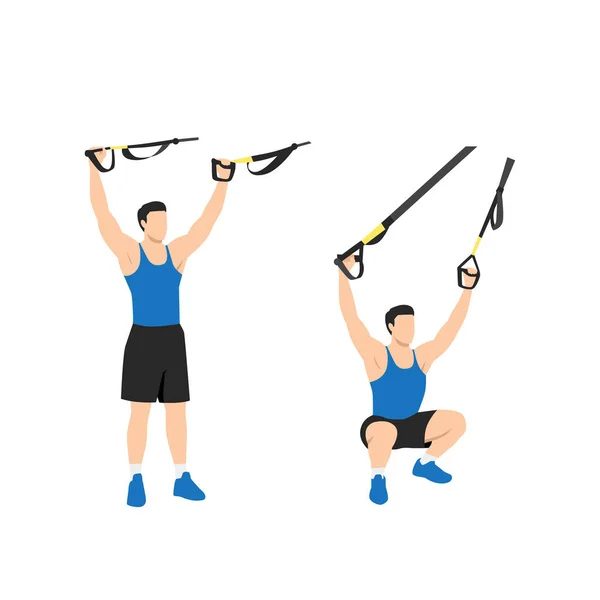Man Doing Trx Suspension Straps Overhead Squats Exercise Flat Vector — Stock Vector