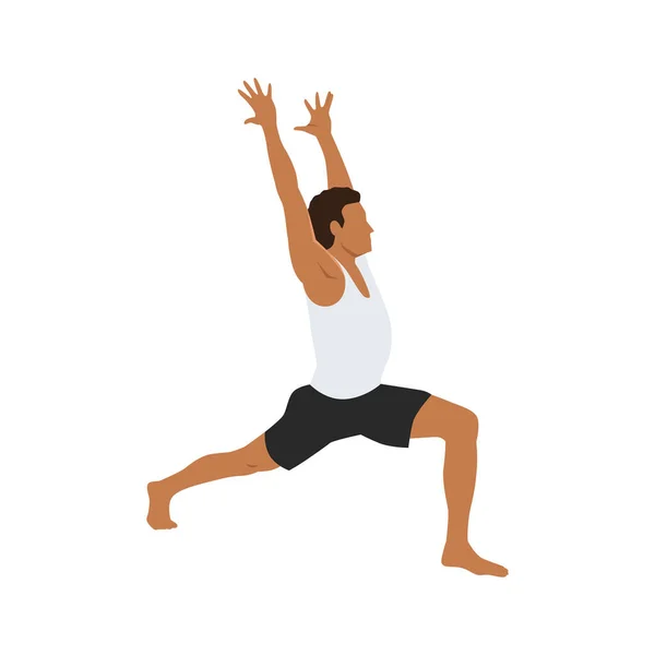 Man Doing Crescent Lunge Pose Anjaneyasana Exercise Flat Vector Illustration — Stock Vector