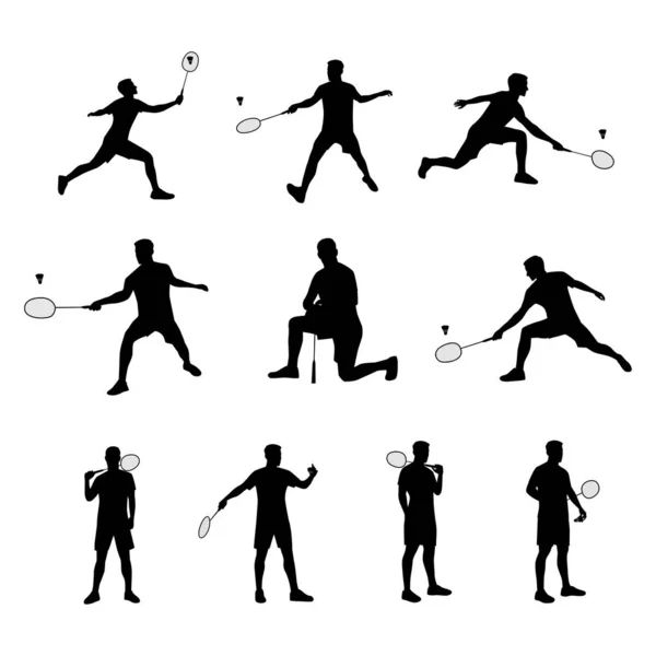 Jonge Sporter Atleet Spelen Badminton Cartoon Set Geïsoleerd Wit Vlakke — Stockvector