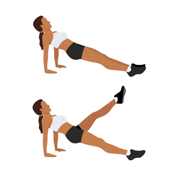 エクササイズガイドのための2つのステップでレッグレイズフォームでリバースプランクを行う女性 腹筋をターゲットにするトレーニングについてのイラスト — ストックベクタ