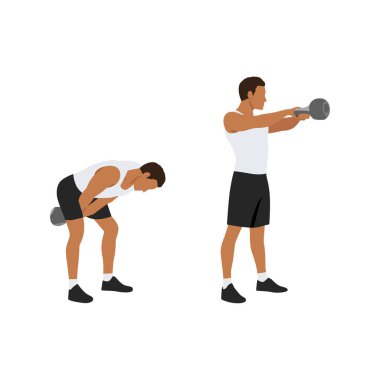 Kettlebell salıncak egzersizi yapan adam. Düz vektör çizimi beyaz arkaplanda izole edildi