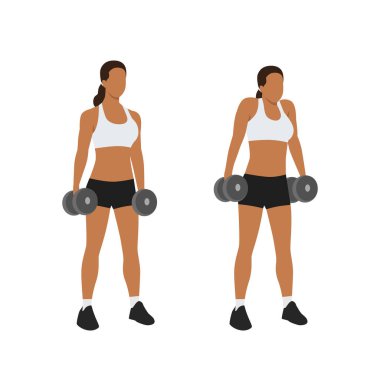 Dumbbell omuz silkme egzersizi yapan kadın. Düz vektör çizimi beyaz arkaplanda izole edildi