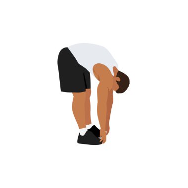 Ragdoll 'u oynayan adam. Öne eğil. Gerinme egzersizi. Düz vektör çizimi beyaz arkaplanda izole edildi