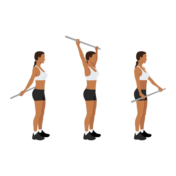 stock vector Woman doing shoulder pole or broomstick stretch exercise. Flat vector illustration isolated on white background