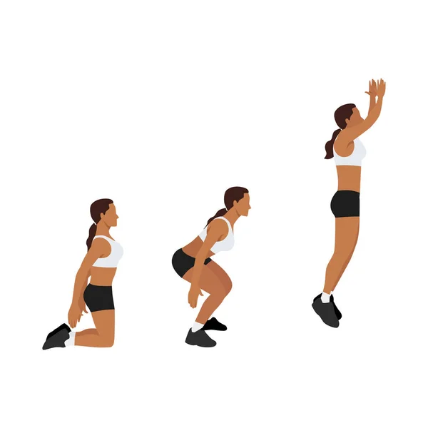 床を作っている女性 パワージャンプ スカートの練習をジャンプする膝 白い背景に隔離された平らなベクトル図 — ストックベクタ