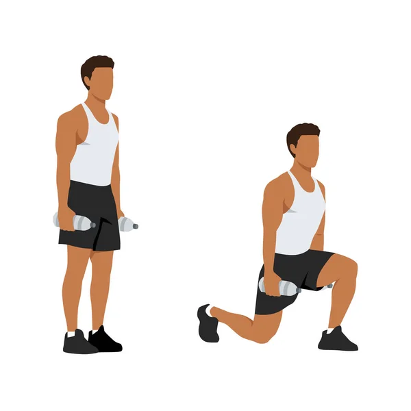 Man Doing Exercise Reverse Lunge Pose Water Bottle Flat Vector — Stock Vector