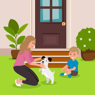 Kadın çömeldi ve köpeğine sarıldı. Düz bir şekilde renkli vektör çizimi. Küçük oğlu gülümserken