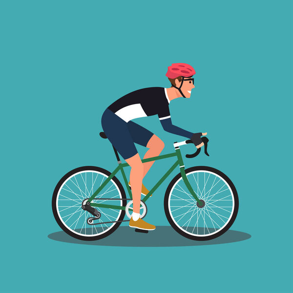 Hipster male riding bike. Young man cyclist isolated on white background. Stylish guy on bicycle flat vector illustration wearing helmet