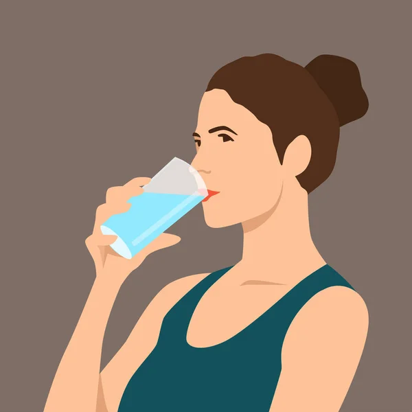 Mujer Beber Agua Mineral Para Salud Mujer Buena Forma Ropa — Vector de stock