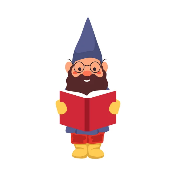 Χαριτωμένο Gnome Ανάγνωση Βιβλίο Επίπεδη Διανυσματική Απεικόνιση — Διανυσματικό Αρχείο
