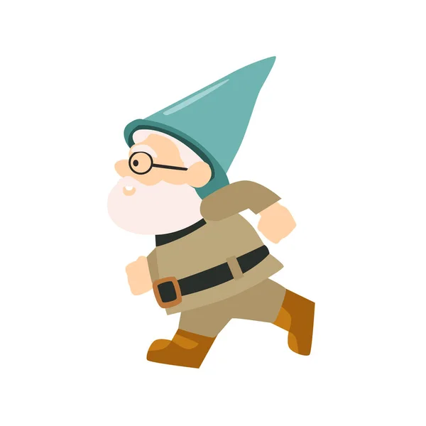 Χαριτωμένο Παλιό Gnome Τρέχει Από Την Πλευρά Άποψη Επίπεδη Διανυσματική — Διανυσματικό Αρχείο