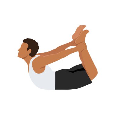 Yoga yapan adam, Dhanurasana Bow Bose Asana in Hatha yoga yassı vektör çizimi beyaz arka planda izole