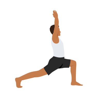 Crescent Lunge pozu veren adam ya da Anjaneyasana egzersizi yapan. Düz vektör çizimi beyaz arkaplanda izole edildi