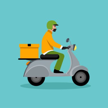 Kırmızı scooter çizimine binen teslimatçı. Yemek teslimatçısı vektörü