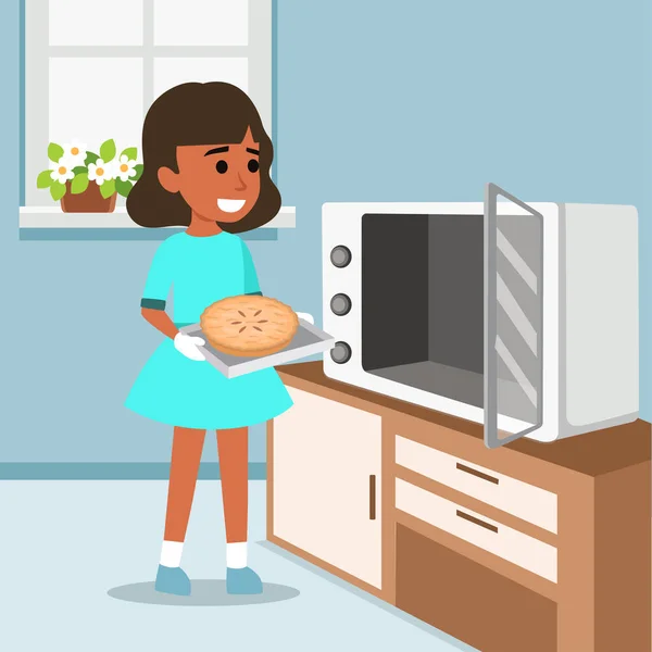 Lány Sütőipari Torta Konyha Ware Edények Főzés Élelmiszer Pékség Foglalkozás — Stock Vector