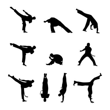 İzole edilmiş siluet capoeira dövüşü. Tasarım için vektör ayarlandı. Düz vektör çizimi beyaz arkaplanda izole edildi
