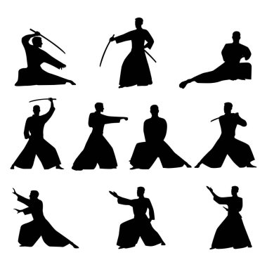 Erkek atlet aikido karakter belirler. Düz vektör çizimi beyaz arkaplanda izole edildi. Düz vektör çizimi beyaz arkaplanda izole edildi