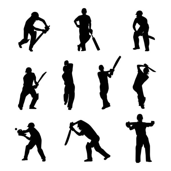 Large Collection Silhouettes Cricket Player Batsman Bowler Cricket Elements Flat — Stock Vector