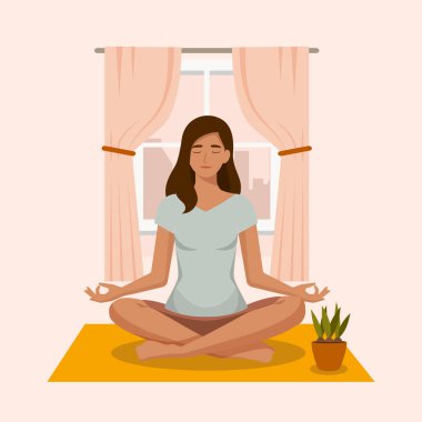 Yoga Lotus 'taki harika çizgi film kızı meditasyon yapıyor. Yoga pratiği. Vektör çizimi. Genç ve mutlu bir kadın meditasyon yapıyor.