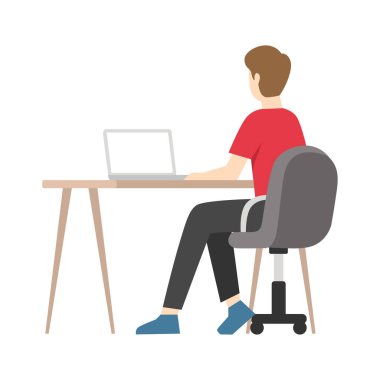 Masada oturan ve arka planda çalışan bir adam, izole edilmiş bir arka planda. Düz tasarım vektör çizimi.