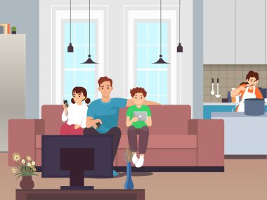 Mutlu bir aile evde kanepede oturup televizyon izliyor. Düz bir stil vektör çizim