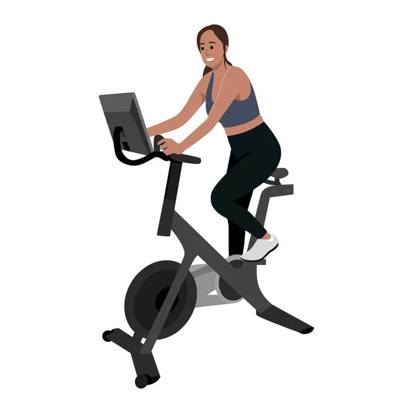 Woman Doing Peloton Workout Flat Vector Illustration Isolated White Background — Stock Vector