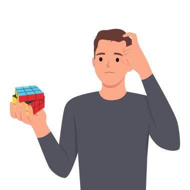 Kafası karışmış genç bir adam zeka küpü oynuyor. Kafasını kaşıyordu. Düz vektör çizimi beyaz arkaplanda izole edildi