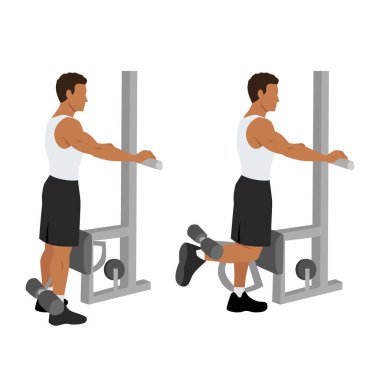 Man doing standing leg hamstring curls machine. Flat vector illustration isolated on white background