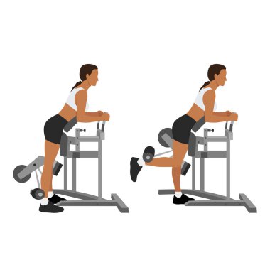 Man doing standing leg hamstring curls machine. Flat vector illustration isolated on white background