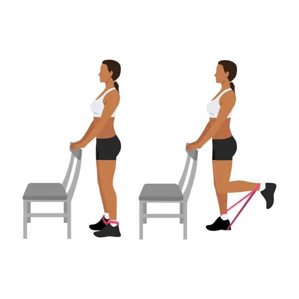Woman Doing Standing Supported Resistance Band Hamstring Curls Exercise Flat — Vetor de Stock