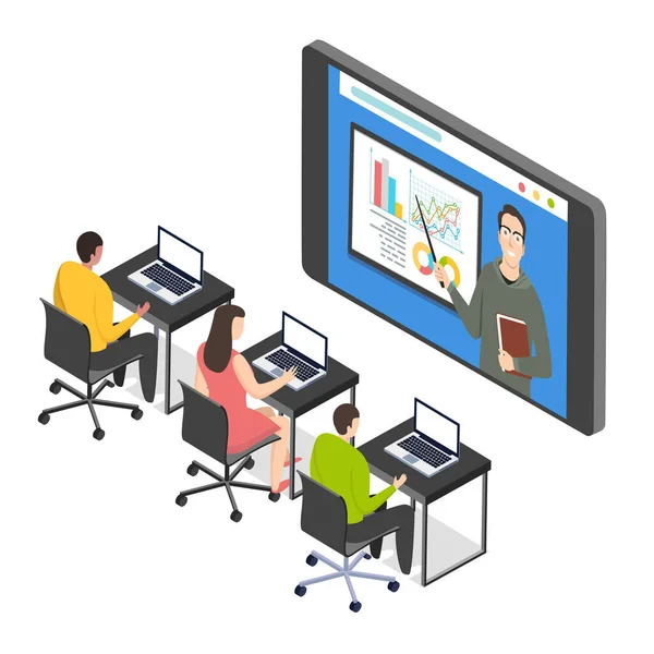 Illustrationer Platt Design Koncept Videokonferens Online Lära Sig Aktiemarknaden Arbete — Stock vektor