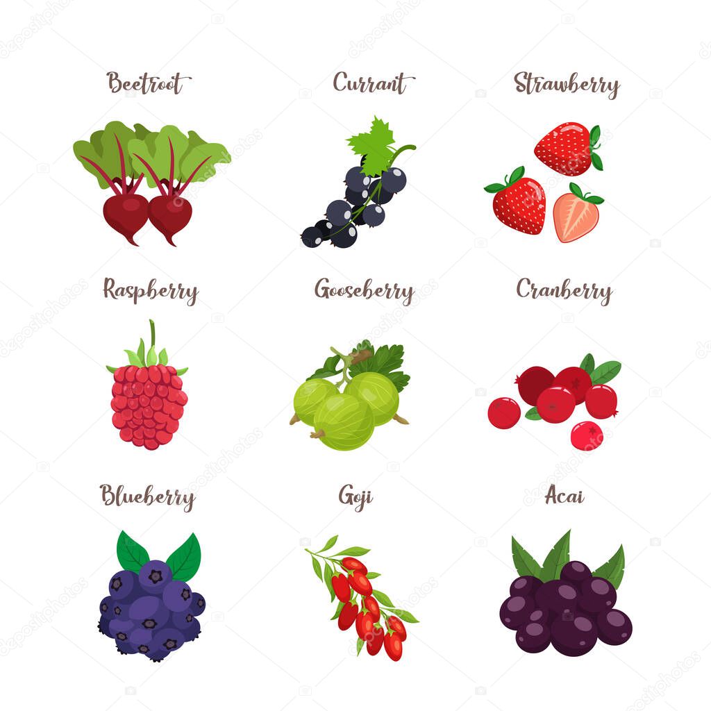 Set of colorful cartoon berries: blueberry, blackberry, cherry, raspberry, rcurrant, strawberry. Vector flat icon illustration, isolated on white