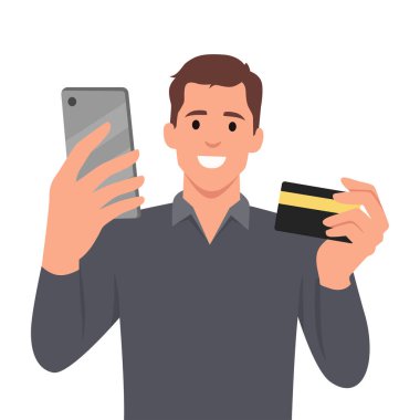 Gülümseyen adam akıllı telefonu ve kredi kartını elinde tutuyor, para ödülü kazanmak için el kol hareketi yapıyor. Düz vektör çizimi beyaz arkaplanda izole edildi