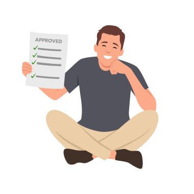 Elinde boş kağıt tutan ve baş parmağını gösteren bir adam. Jest, poster, tavsiye gibi. Düz vektör çizimi beyaz arkaplanda izole edildi