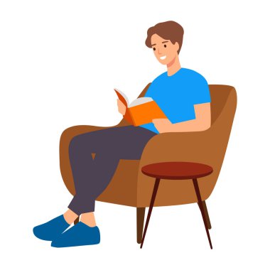 Ev kıyafetleri kitap okuyan düz bir adam. Rahatla öğrenci karakteri, oda, gün. Vektör çizimi. beyaz arkaplanda izole
