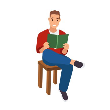Ev kıyafetleri kitap okuyan düz bir adam. Rahatla öğrenci karakteri, oda, gün. Vektör çizimi. beyaz arkaplanda izole