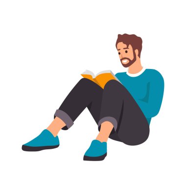 Ev kıyafetleri kitap okuyan düz bir adam. Rahatla öğrenci karakteri, oda, gün. Vektör çizimi. beyaz arkaplanda izole