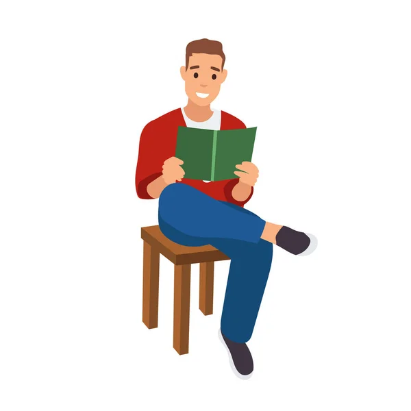 家の服を持ったフラットな男が本を読んでいる コンセプト リラックスした学生キャラクター ベクトルイラスト ホワイトバックで孤立 — ストックベクタ