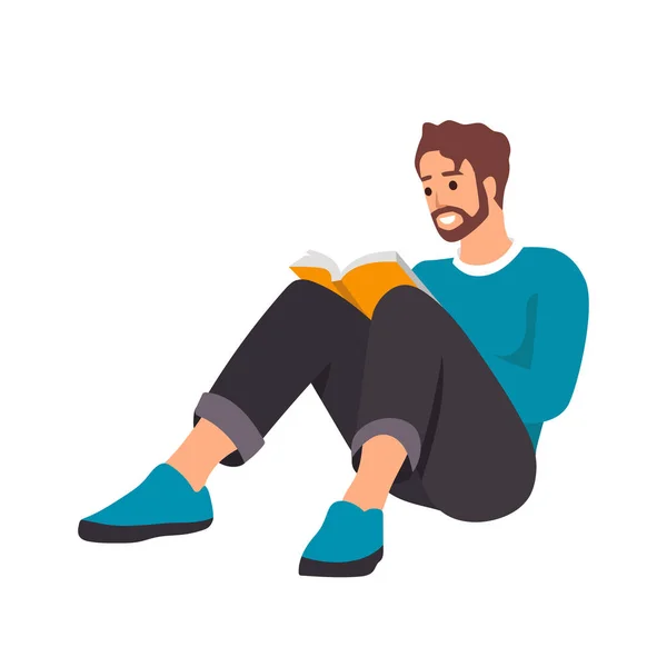 家の服を持ったフラットな男が本を読んでいる コンセプト リラックスした学生キャラクター ベクトルイラスト ホワイトバックで孤立 — ストックベクタ