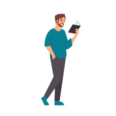 Sakallı bir hippi, beyaz arka planda izole edilmiş bir kitap vektörü düz tasarım çizimi okuyor. Dikey yerleşim.