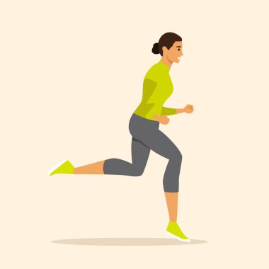 Koşan kız. Arka planda izole edilmiş spor kıyafetleriyle koşan bir kadın. Yan görünüm vektör illüstrasyonu