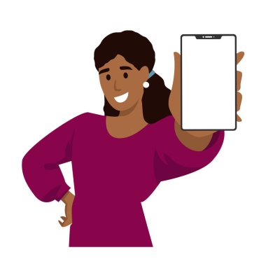 Gülümseyen siyah Afrikalı Amerikalı kadın cep telefonunu tutuyor ve sunuyor. Vektör illüstrasyonu.