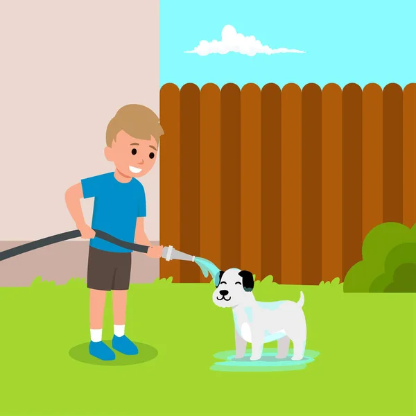 Cute Little Boy Bathes Dog Backyard Flat Vector Illustration Story — Stock Vector