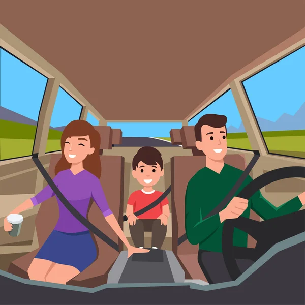 Família Dirigindo Para Uma Viagem Carro Vista Interior Carro Com —  Vetores de Stock