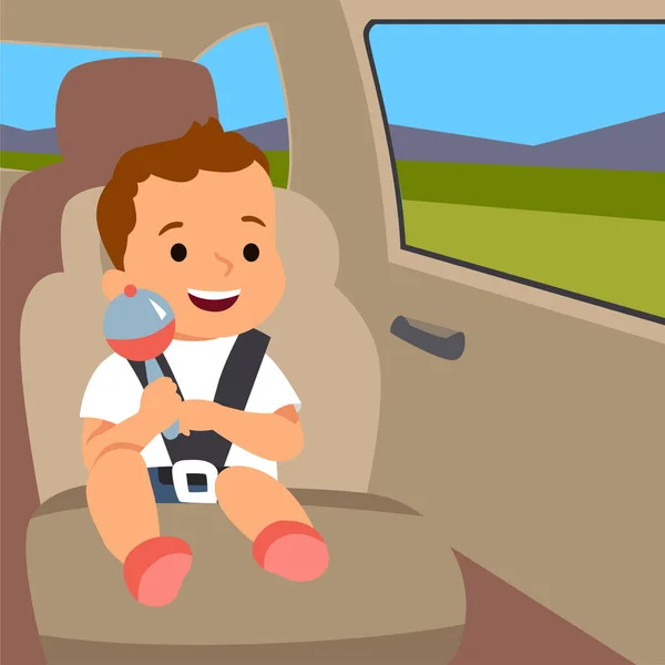 Niedliches Baby Auf Dem Rücksitz Des Autos Mit Sicherheitsgurt Flache — Stockvektor