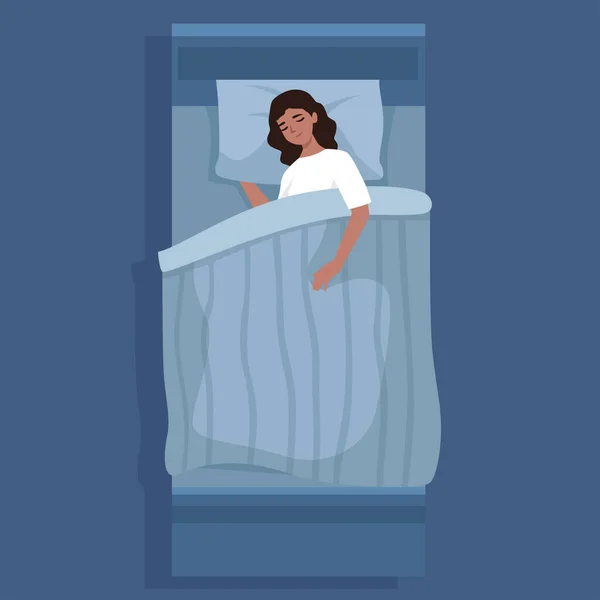 Mulher Dormir Sua Cama Noite Vista Superior Ilustração Vetorial Plana — Vetor de Stock